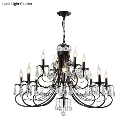Lámpara colgante de hierro forjado tradicional con candelabros de varios niveles y gotas de cristal - 6/8/12 luces, color negro