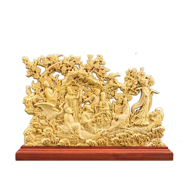 Traditional ivory eight immortals sculpture with elaborate golden coral carving on polished wood base for living room decor