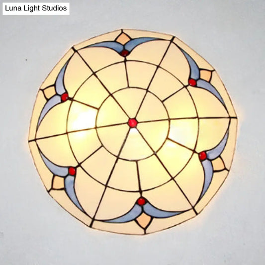Traditional Loft Stained Glass Flush Mount Ceiling Light in Blue and White