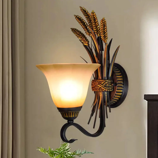 Traditional Milk Glass Brass Sconce Lamp, Wall Mounted Wheat Spike Decor, Flared Design - 1 Head Wall Light