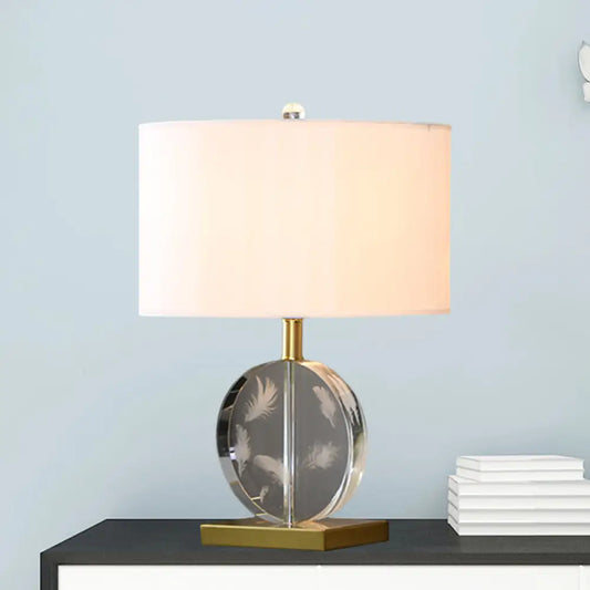 Traditional Nightstand Lamp with White Fabric Cylinder Shade and Clear Circular Crystal Accent