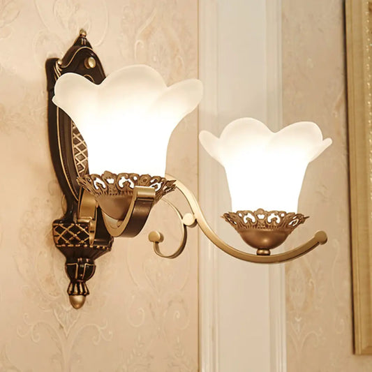 Traditional Opal Glass 2-Head Brass Wall Mount Bedroom Wall Light with Curved Arm