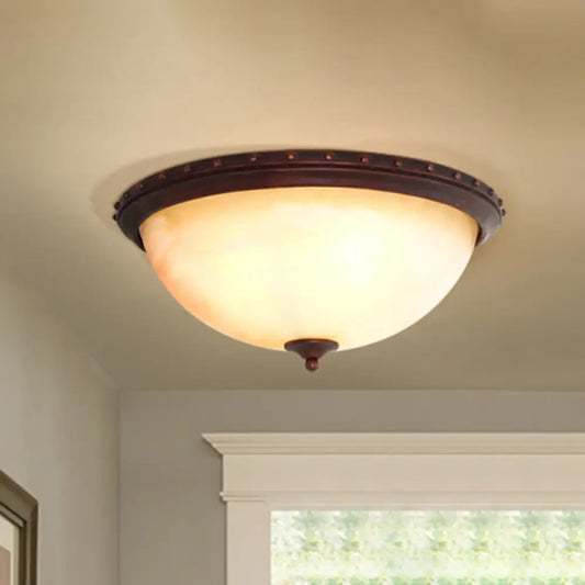 Traditional Opal Glass Bowl Flush Light Fixture - 2-Head Foyer Ceiling Flush Mount (Brown)