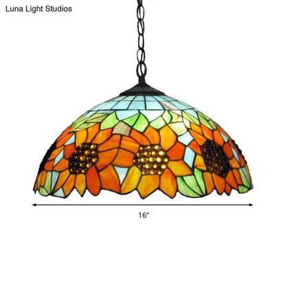 Traditional Pendant Light Fixture with Orange Stained Glass Shade