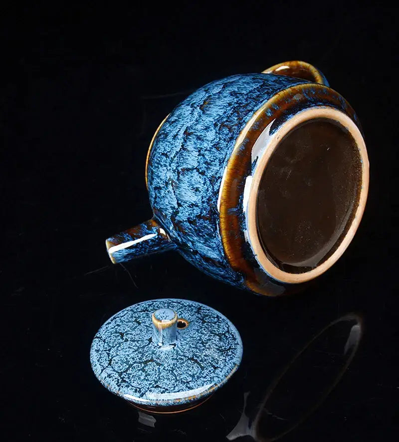 Traditional pink and brown crackle tea pot with blue glaze and brown rim by decorbites ceramic kung for kung fu tea