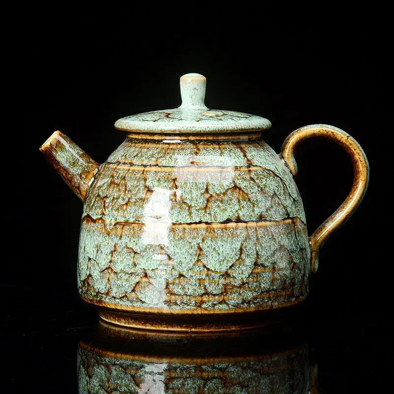 Traditional pink and brown crackle tea pot with rounded body and curved handle decorbites ceramic kung fu tea teaware