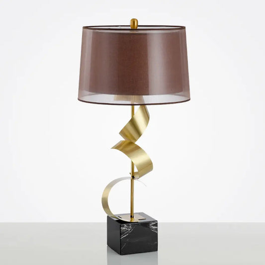 Traditional Red Brown Bedroom Table Lamp with Drum Fabric Shade