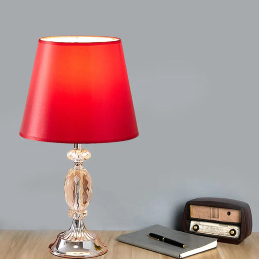 Traditional Red/Coffee/Flaxen Tapered Table Lamp with Fabric Shade and Beveled Crystal Blocks - Perfect for Nightstands