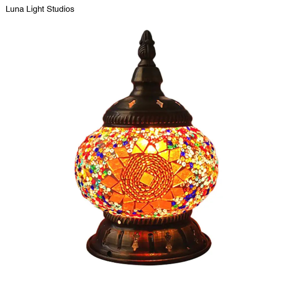Traditional Red/Orange/Light Blue Stained Glass Nightstand Lamp for Bedroom