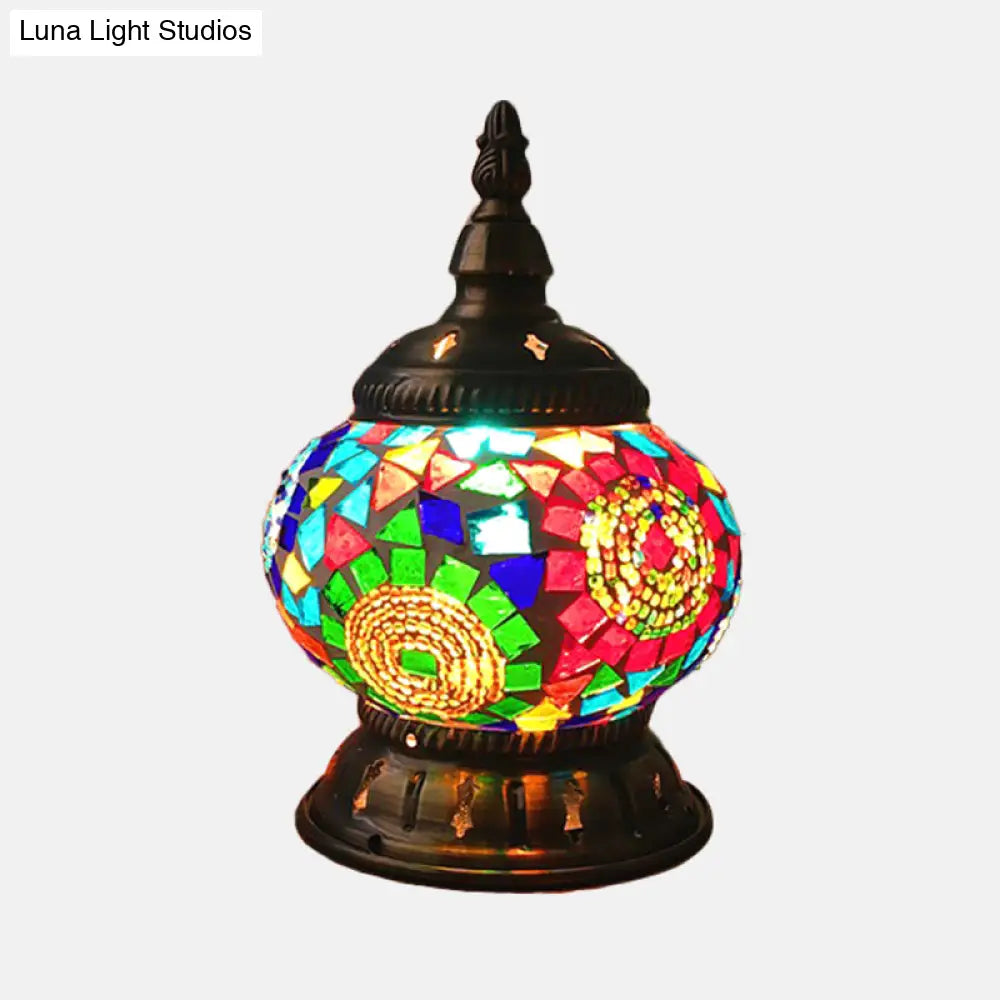 Traditional Red/Orange/Light Blue Stained Glass Nightstand Lamp for Bedroom