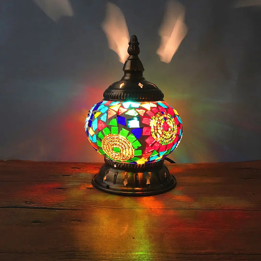 Traditional Red/Orange/Light Blue Stained Glass Nightstand Lamp for Bedroom