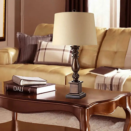 Traditional Resin Baluster Chamber Night Lamp with Beige Drum Lampshade