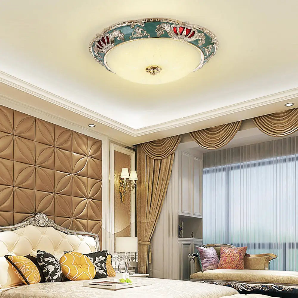 Traditional Resin Crown Flush LED Ceiling Lamp for Bedroom, Apricot/Green