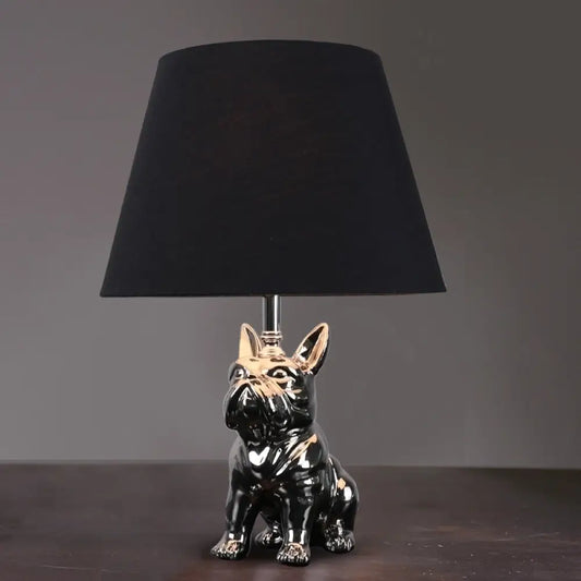 Traditional Resin Dog Nightstand Lamp for Bedroom - Silver/Gold, 1 Head, Conical Fabric Shade