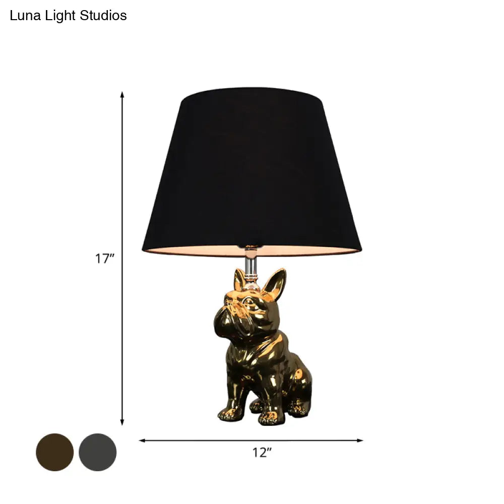 Traditional Resin Dog Nightstand Lamp for Bedroom - Silver/Gold, 1 Head, Conical Fabric Shade