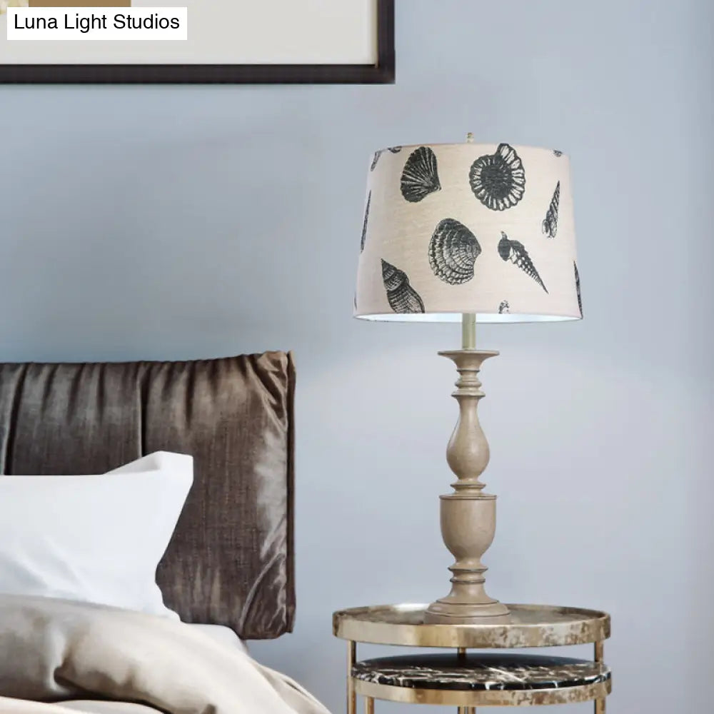 Traditional Resin Nightstand Lamp: 1 Bulb Night Lighting with Conical Fabric Shade in Beige