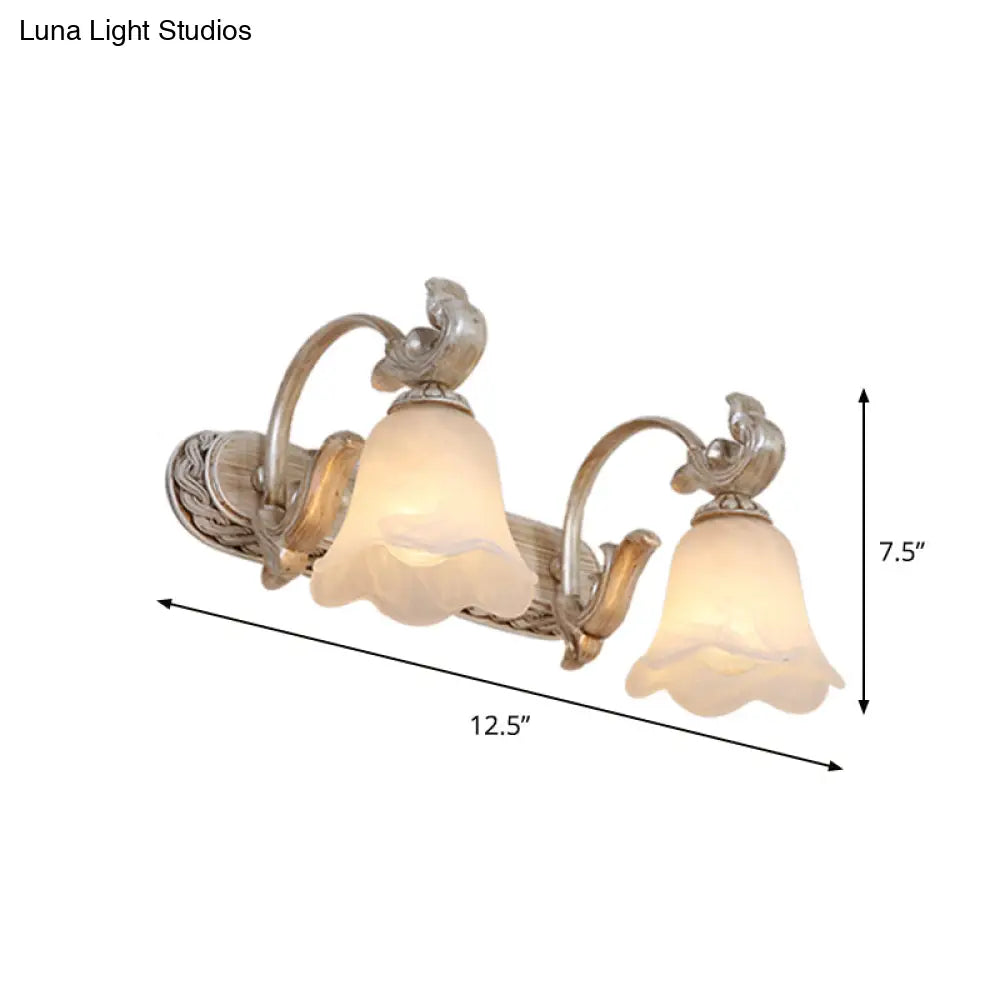 Traditional Ribbed Opal Glass Vanity Fixture with Arched Arm - Light Brown 2/3-Head Wall Sconce