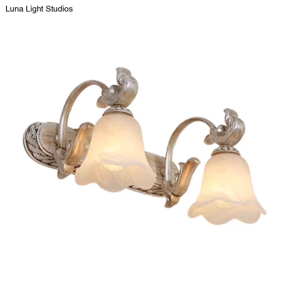 Traditional Ribbed Opal Glass Vanity Fixture with Arched Arm - Light Brown 2/3-Head Wall Sconce