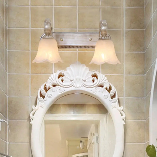 Traditional Ribbed Opal Glass Vanity Fixture with Arched Arm - Light Brown 2/3-Head Wall Sconce