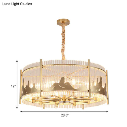 Traditional Round Chandelier: Prismatic Glass, 10-Light Gold Ceiling Pendant with Mountain Pattern