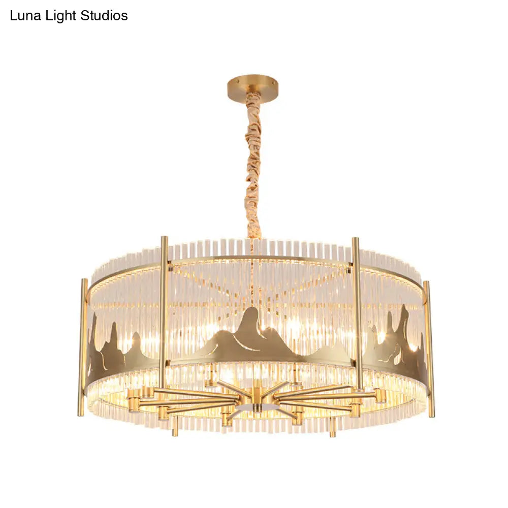 Traditional Round Chandelier: Prismatic Glass, 10-Light Gold Ceiling Pendant with Mountain Pattern