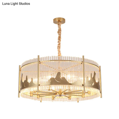 Traditional Round Chandelier: Prismatic Glass, 10-Light Gold Ceiling Pendant with Mountain Pattern