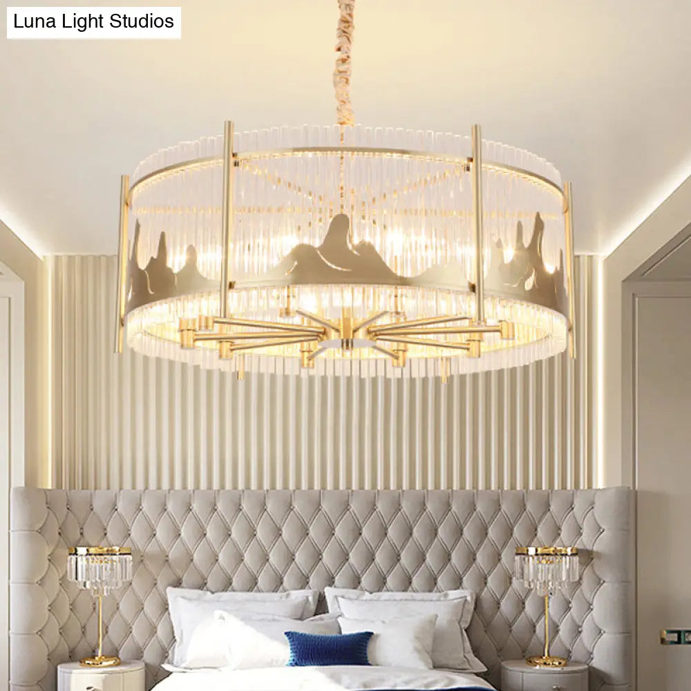 Traditional Round Chandelier: Prismatic Glass, 10-Light Gold Ceiling Pendant with Mountain Pattern