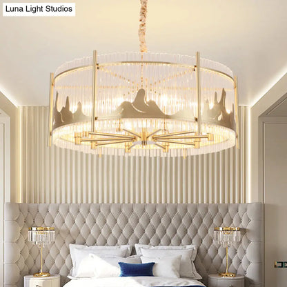 Traditional Round Chandelier: Prismatic Glass, 10-Light Gold Ceiling Pendant with Mountain Pattern
