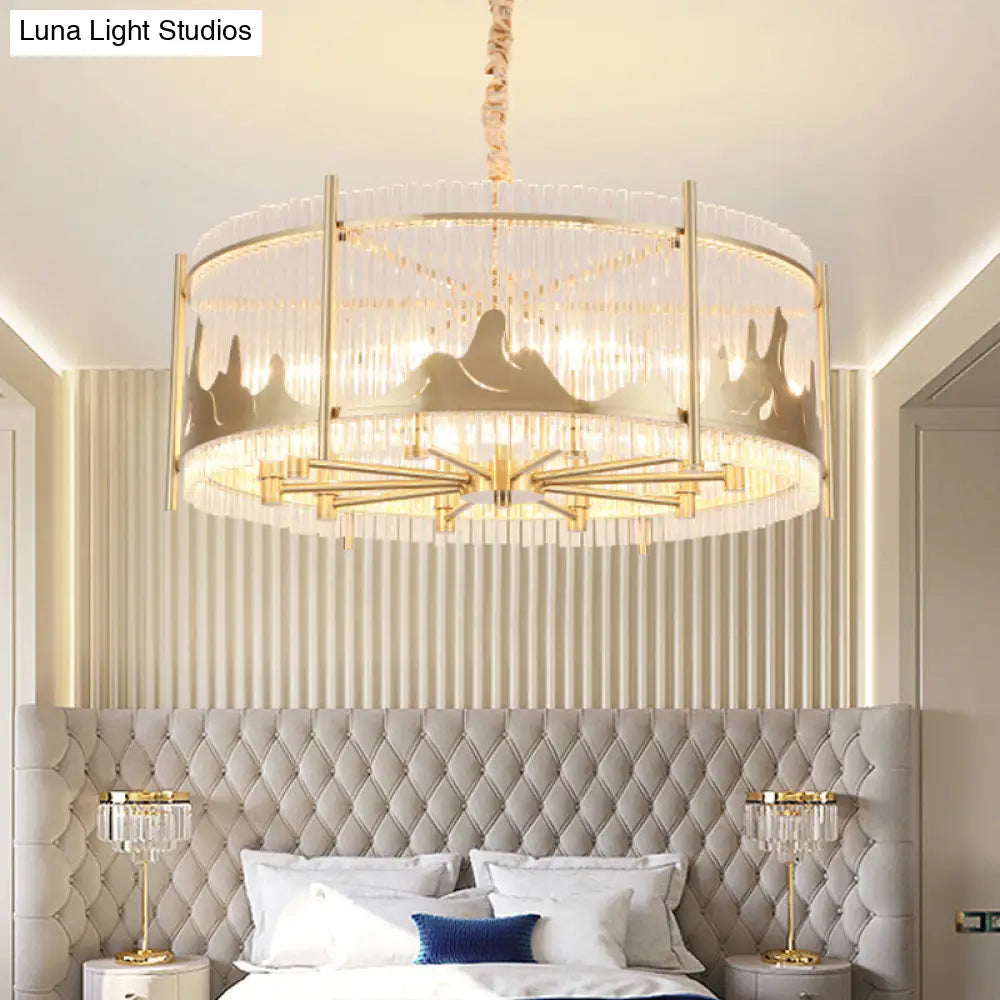 Traditional Round Chandelier: Prismatic Glass, 10-Light Gold Ceiling Pendant with Mountain Pattern