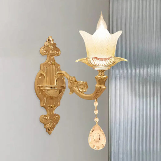 Traditional Scalloped Glass Wall Lamp with Frosted Glass and Gold Sconce for Bedside