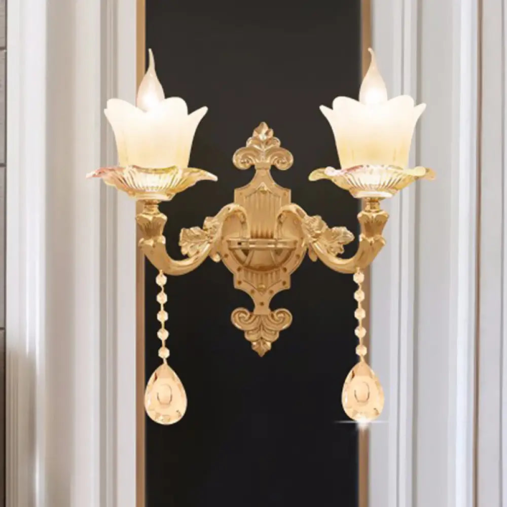 Traditional Scalloped Glass Wall Lamp with Frosted Glass and Gold Sconce for Bedside