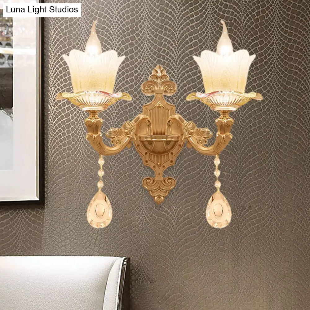 Traditional Scalloped Glass Wall Lamp with Frosted Glass and Gold Sconce for Bedside
