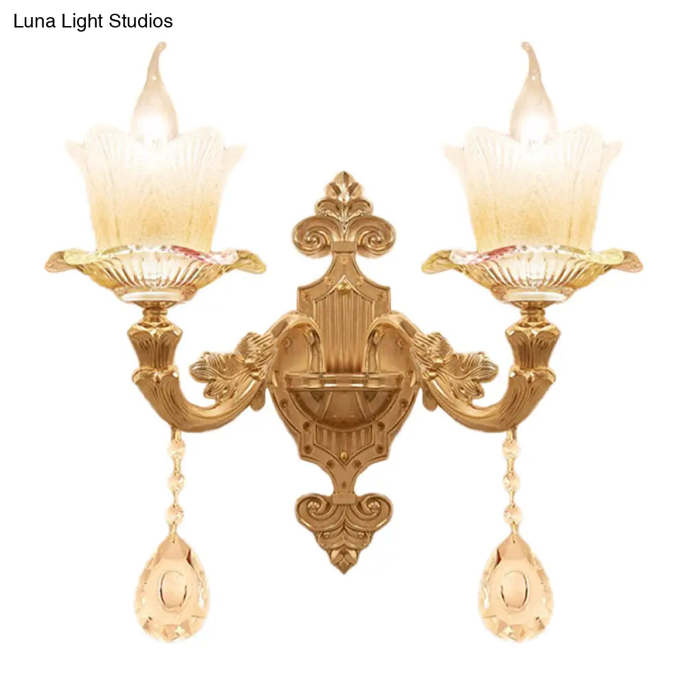 Traditional Scalloped Glass Wall Lamp with Frosted Glass and Gold Sconce for Bedside