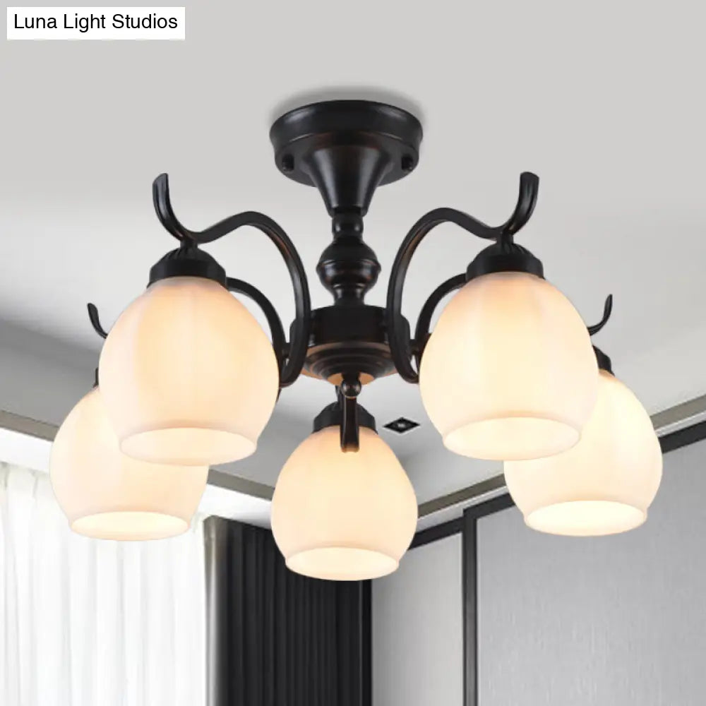 Traditional Semi Flush Ceiling Lamp in Black Bubble Shape, White Glass, 3/5/6 Lights - Ideal for Living Room