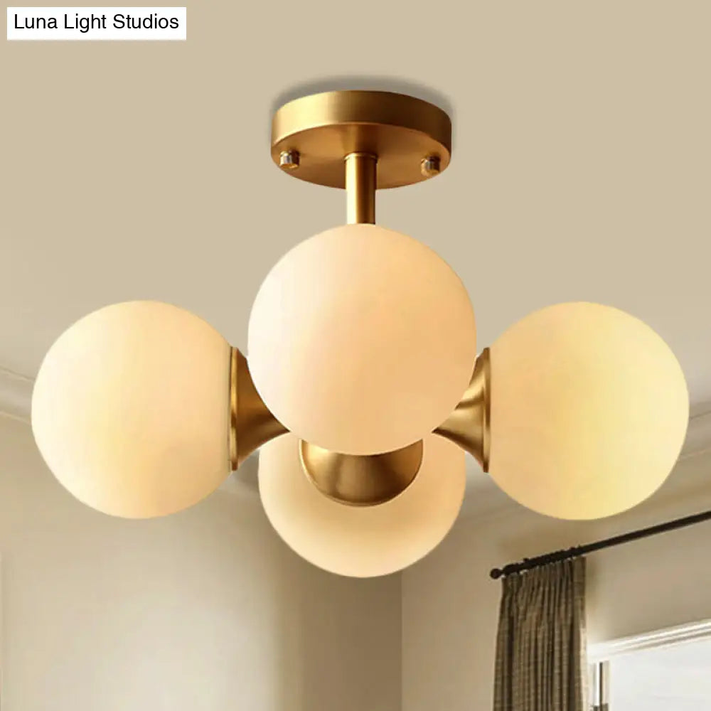 Traditional Semi-Flush Dining Room Ceiling Light with White Globe Glass Shade and Gold Finish