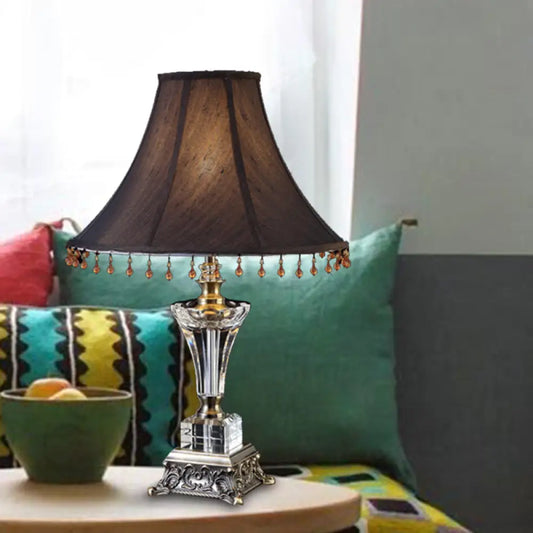 Traditional Single Head Nightstand Lamp - Bell Living Room Night Table Light with Crystal Drop, Black Brown