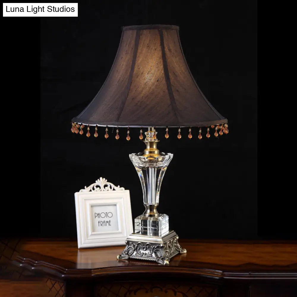 Traditional Single Head Nightstand Lamp - Bell Living Room Night Table Light with Crystal Drop, Black Brown