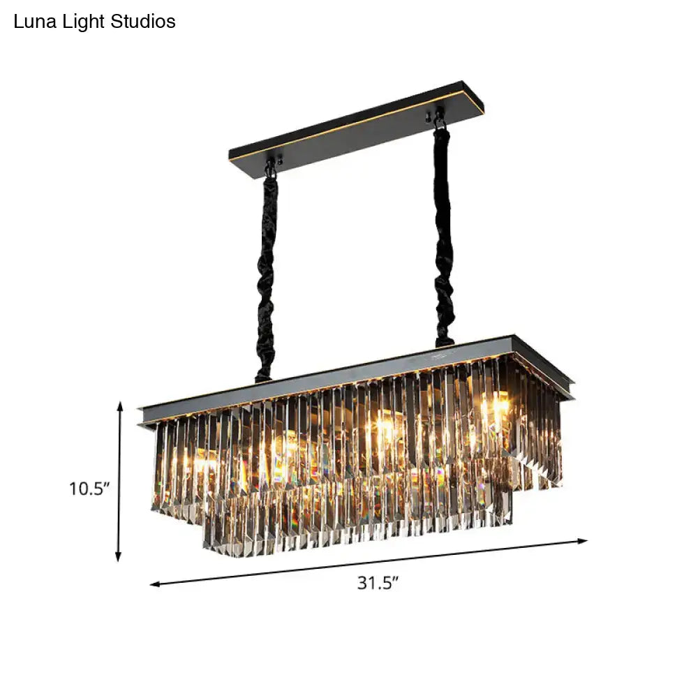 Traditional smoke gray crystal block light fixture with black metal frame and twisted chains for dining room lighting