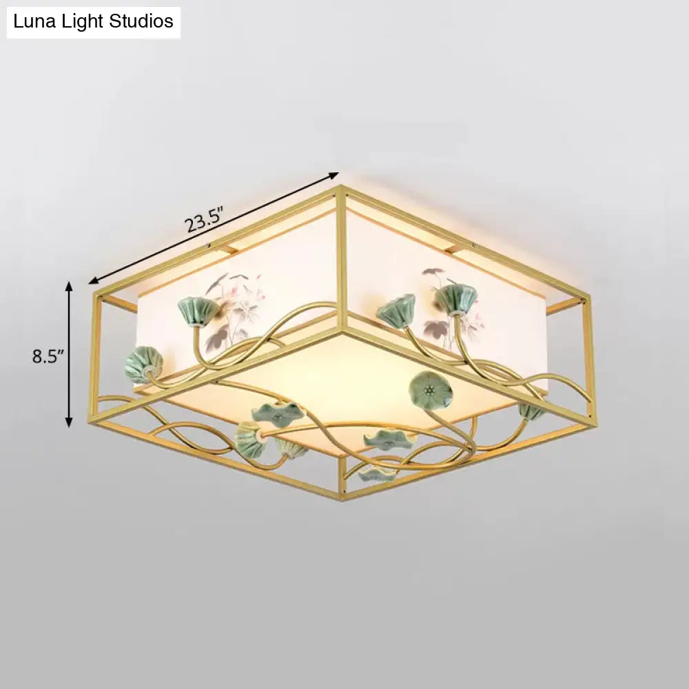 Traditional Square Fabric Flush Mount Lighting - 19.5"/23.5" Wide, 5 Lights - Bedroom Ceiling Fixture in White