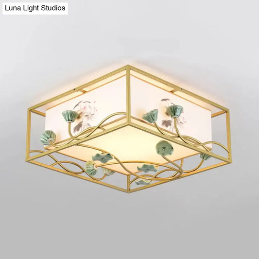 Traditional Square Fabric Flush Mount Lighting - 19.5"/23.5" Wide, 5 Lights - Bedroom Ceiling Fixture in White