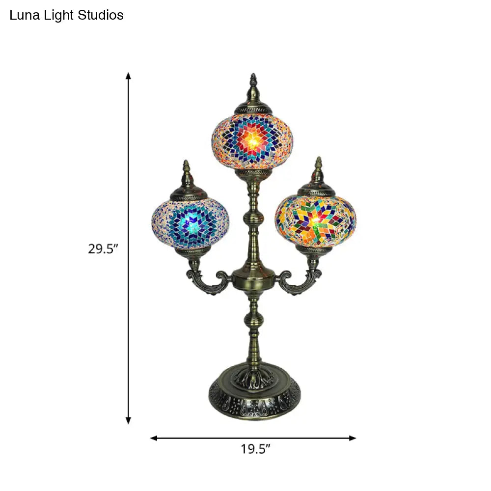 Traditional Stained Glass Bedroom Table Lamp - Oval Shape, Yellow/Blue, 3-Headed, Small Desk Lamp