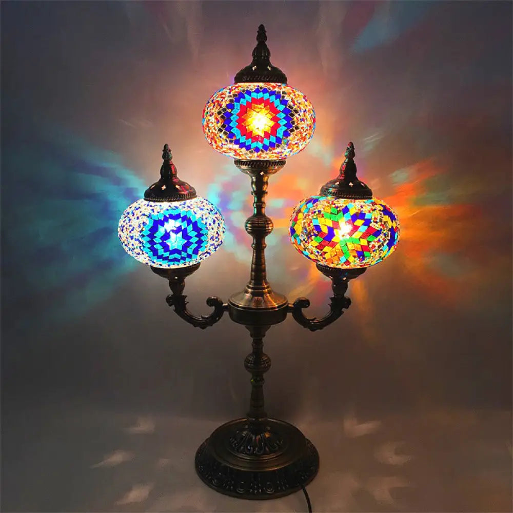 Traditional Stained Glass Bedroom Table Lamp - Oval Shape, Yellow/Blue, 3-Headed, Small Desk Lamp