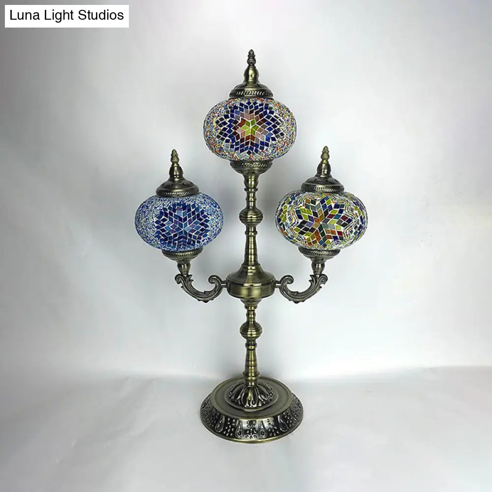 Traditional Stained Glass Bedroom Table Lamp - Oval Shape, Yellow/Blue, 3-Headed, Small Desk Lamp