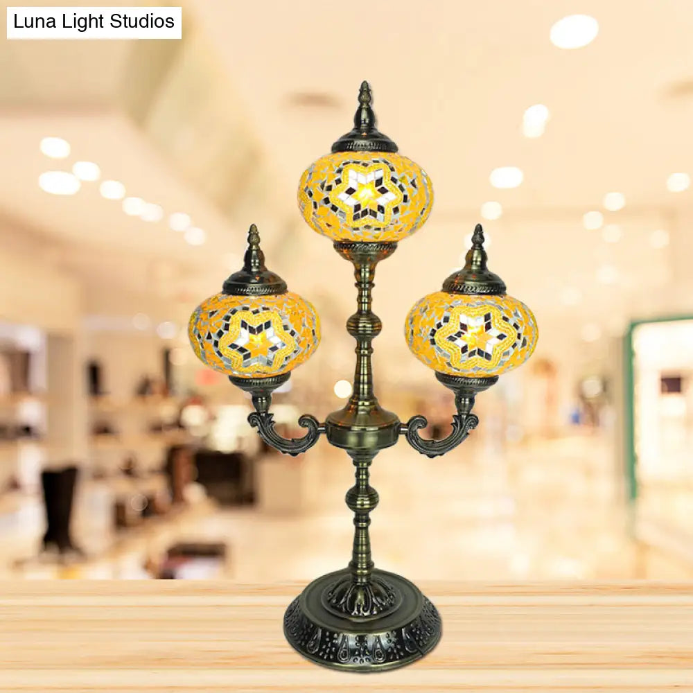 Traditional Stained Glass Bedroom Table Lamp - Oval Shape, Yellow/Blue, 3-Headed, Small Desk Lamp