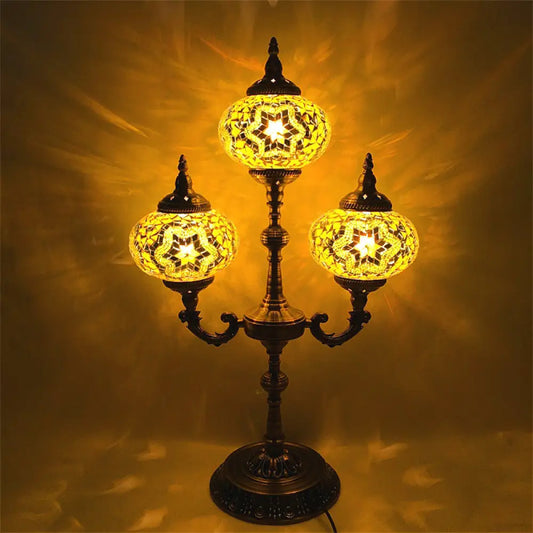 Traditional Stained Glass Bedroom Table Lamp - Oval Shape, Yellow/Blue, 3-Headed, Small Desk Lamp