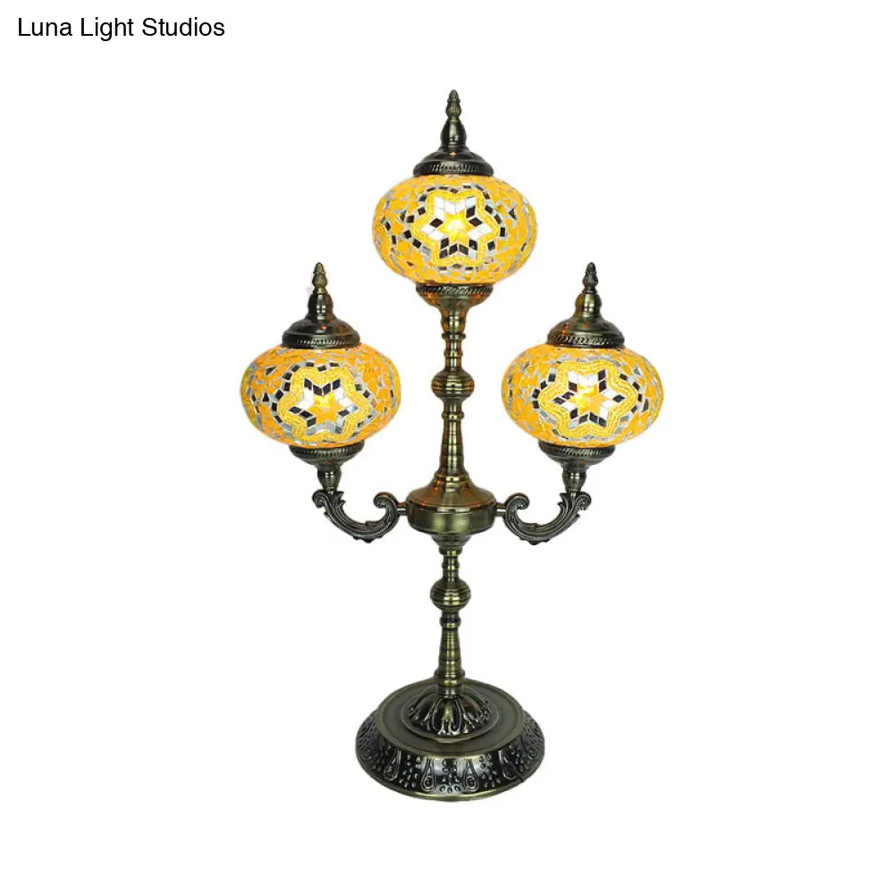 Traditional Stained Glass Bedroom Table Lamp - Oval Shape, Yellow/Blue, 3-Headed, Small Desk Lamp