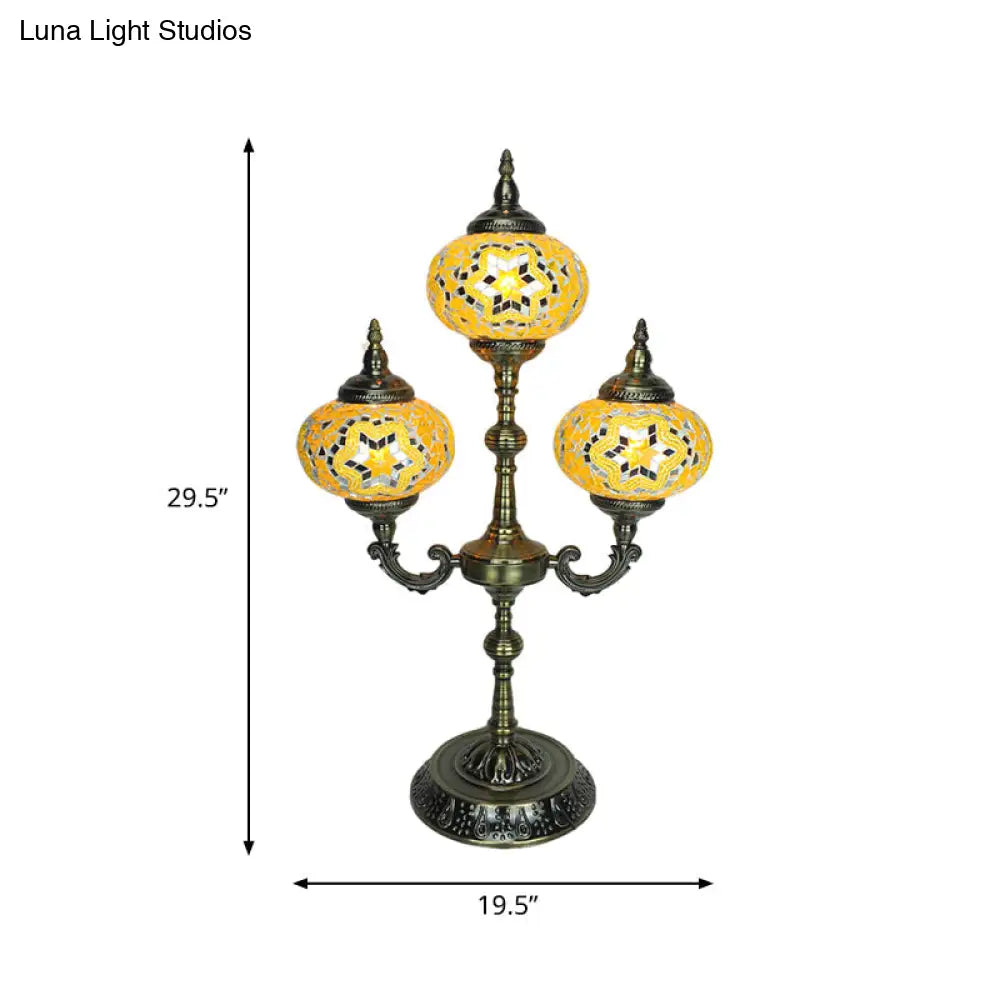 Traditional Stained Glass Bedroom Table Lamp - Oval Shape, Yellow/Blue, 3-Headed, Small Desk Lamp