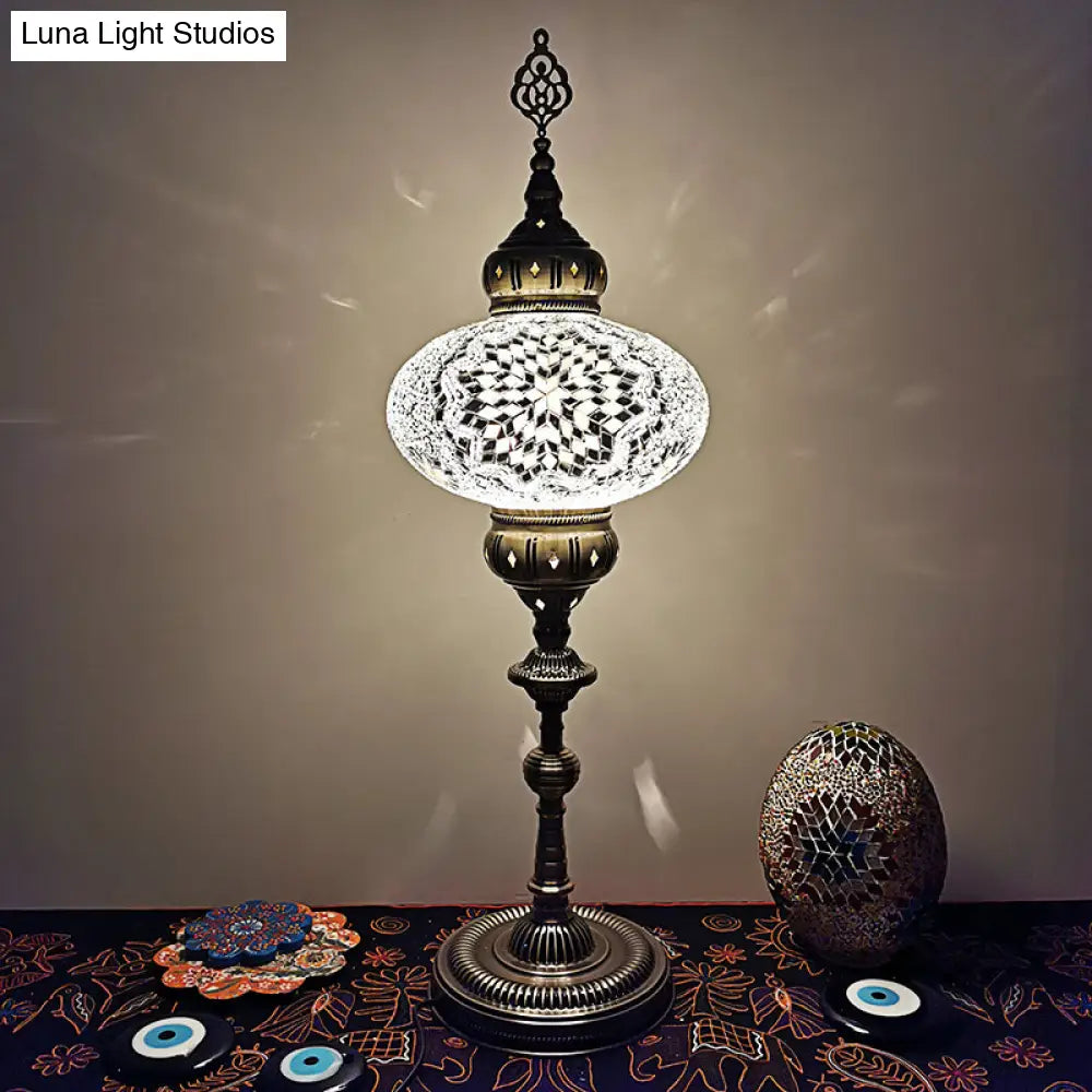 Traditional Stained Glass Bedside Floor Lamp - Elliptical Design, White/Beige/Red, 1 Head Standing Light