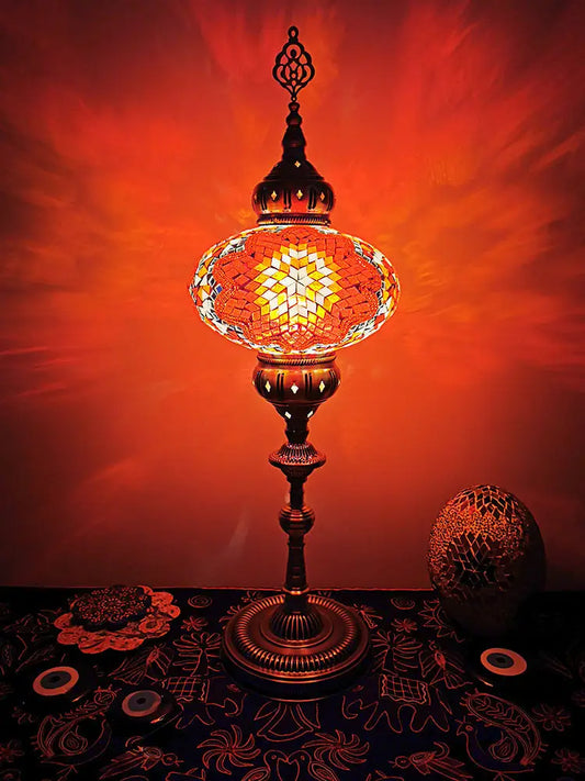 Traditional Stained Glass Bedside Floor Lamp - Elliptical Design, White/Beige/Red, 1 Head Standing Light