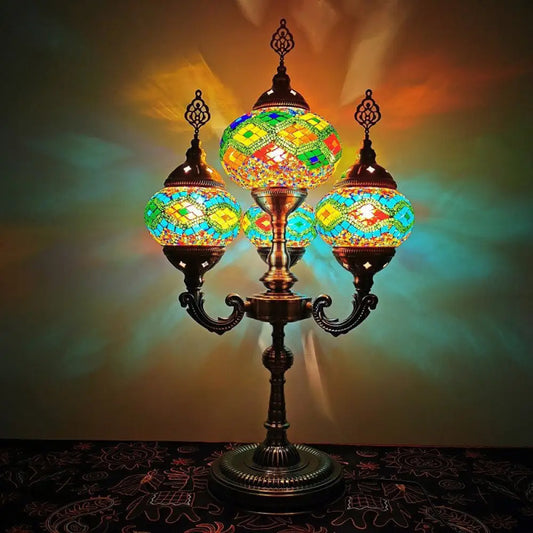 Traditional Stained Glass Candelabra Task Lamp - Bedside Nightstand Lamp with 4 Lights in Yellow/Orange/Blue